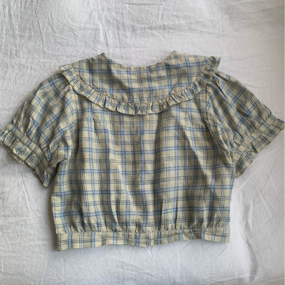 NWT Doen Sparrow Ramie Ruffle Collar Button Crop Top Meadowlark Plaid Blue - Picture 9 of 12